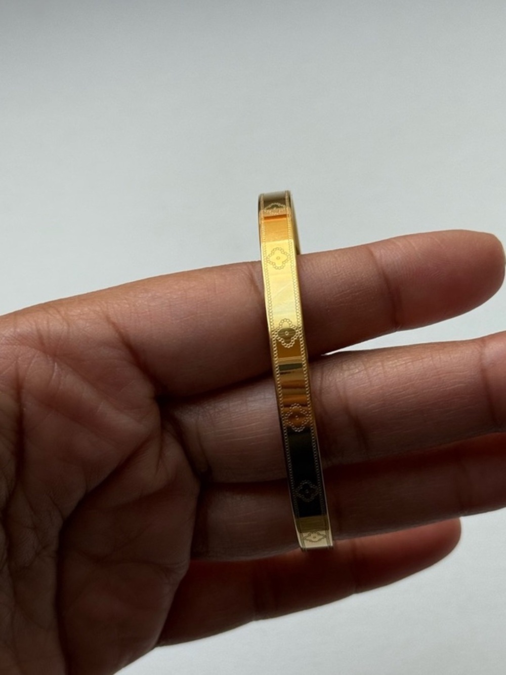 Gold Plated Stainless Steel Clover Etched Bangle Bracelet